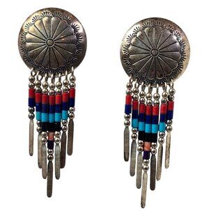 Vintage Native American Sterling Silver Heishi Fringe Dangle Earrings Boho SW